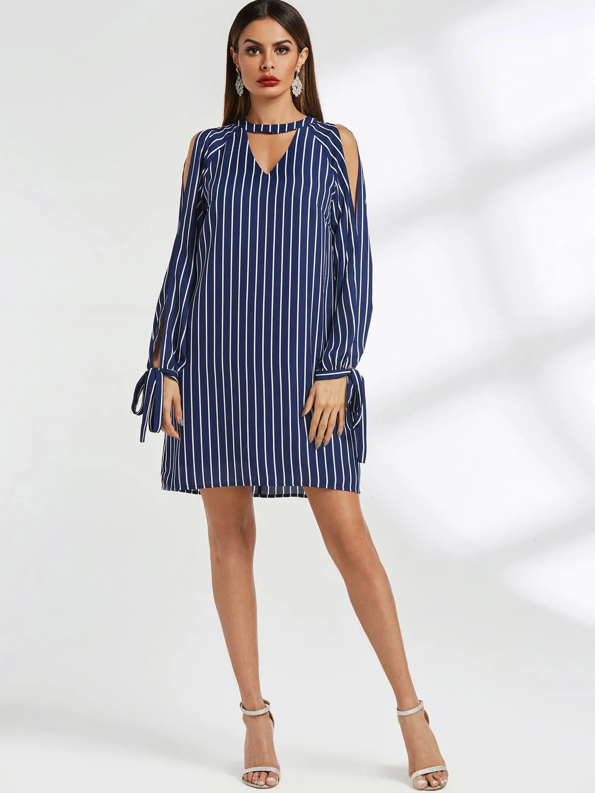 Wholesale Navy Round Neck Long Sleeve Stripe Cut Out Self-Tie Mini Dress