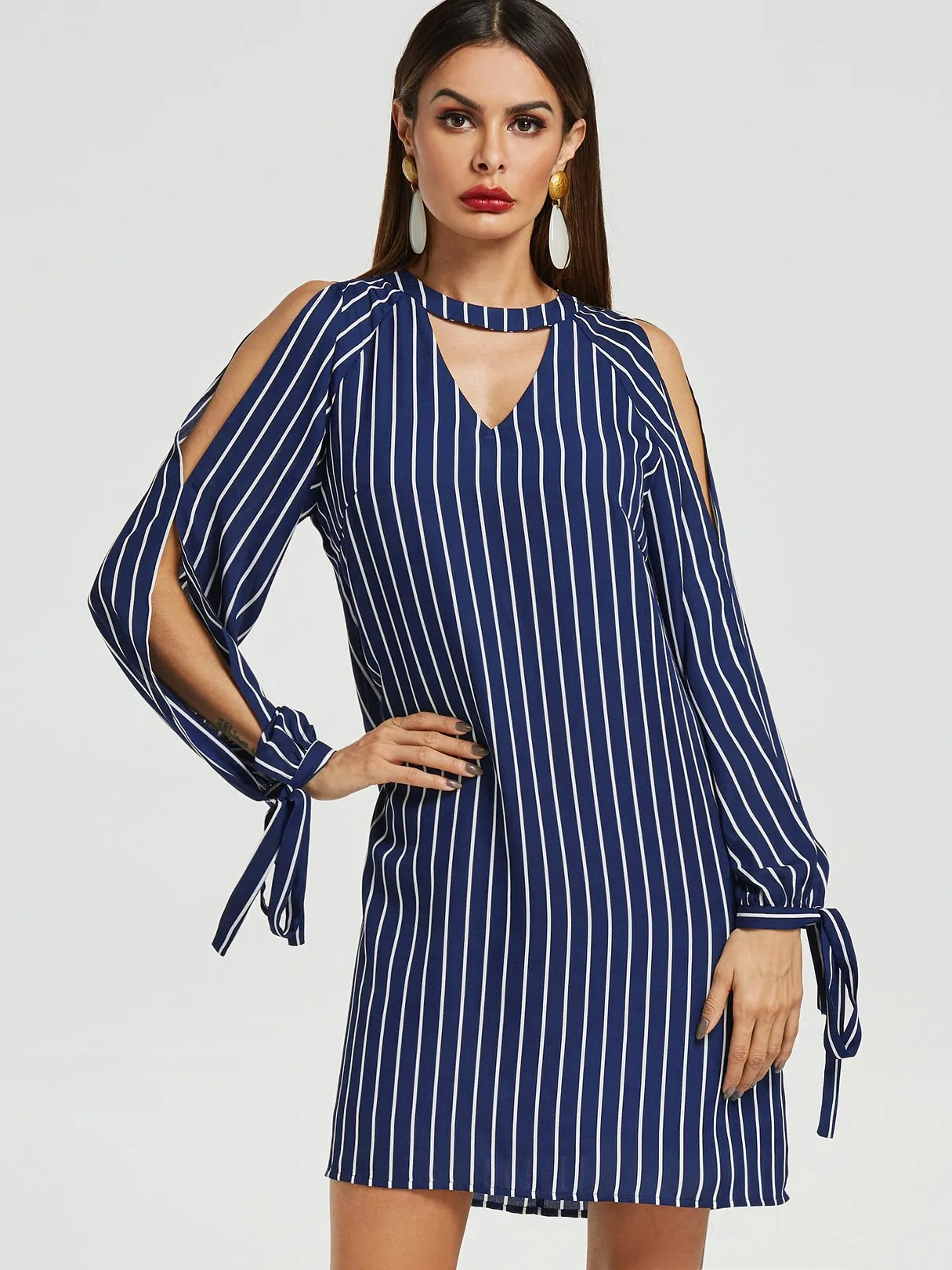 Wholesale Navy Round Neck Long Sleeve Stripe Cut Out Self-Tie Mini Dress