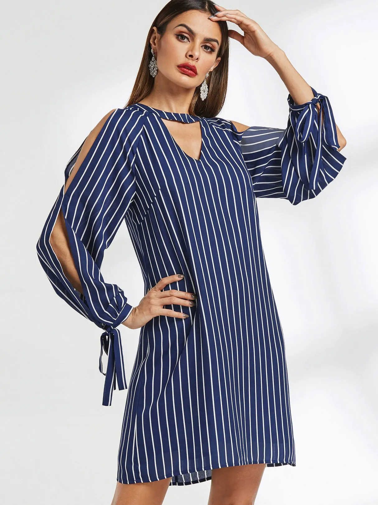 Wholesale Navy Round Neck Long Sleeve Stripe Cut Out Self-Tie Mini Dress