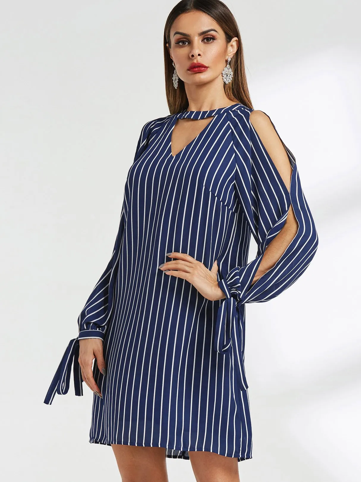 Wholesale Navy Round Neck Long Sleeve Stripe Cut Out Self-Tie Mini Dress