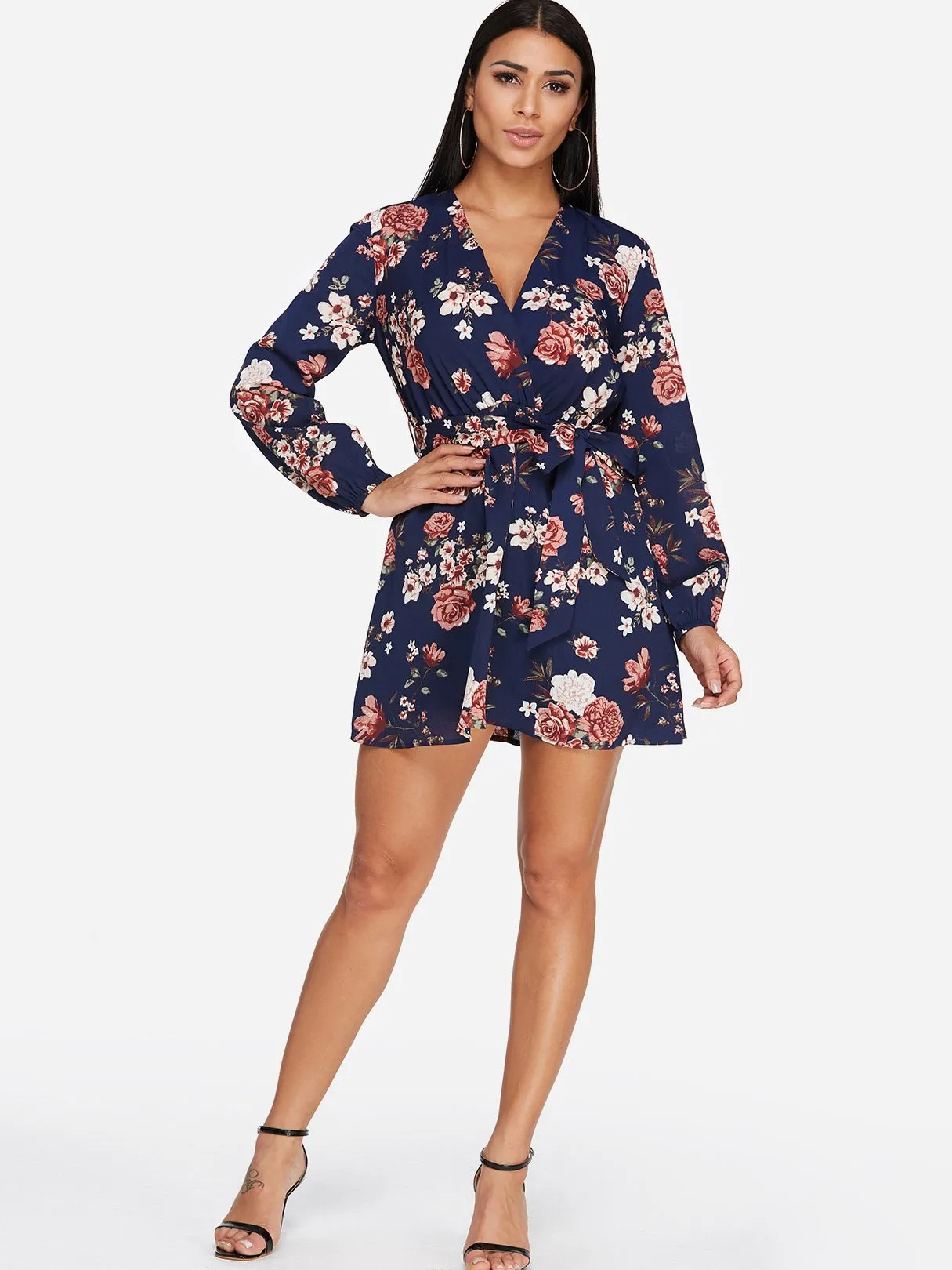 Wholesale Navy V-Neck Long Sleeve Floral Print Self-Tie Ruffle Hem Mini Dress