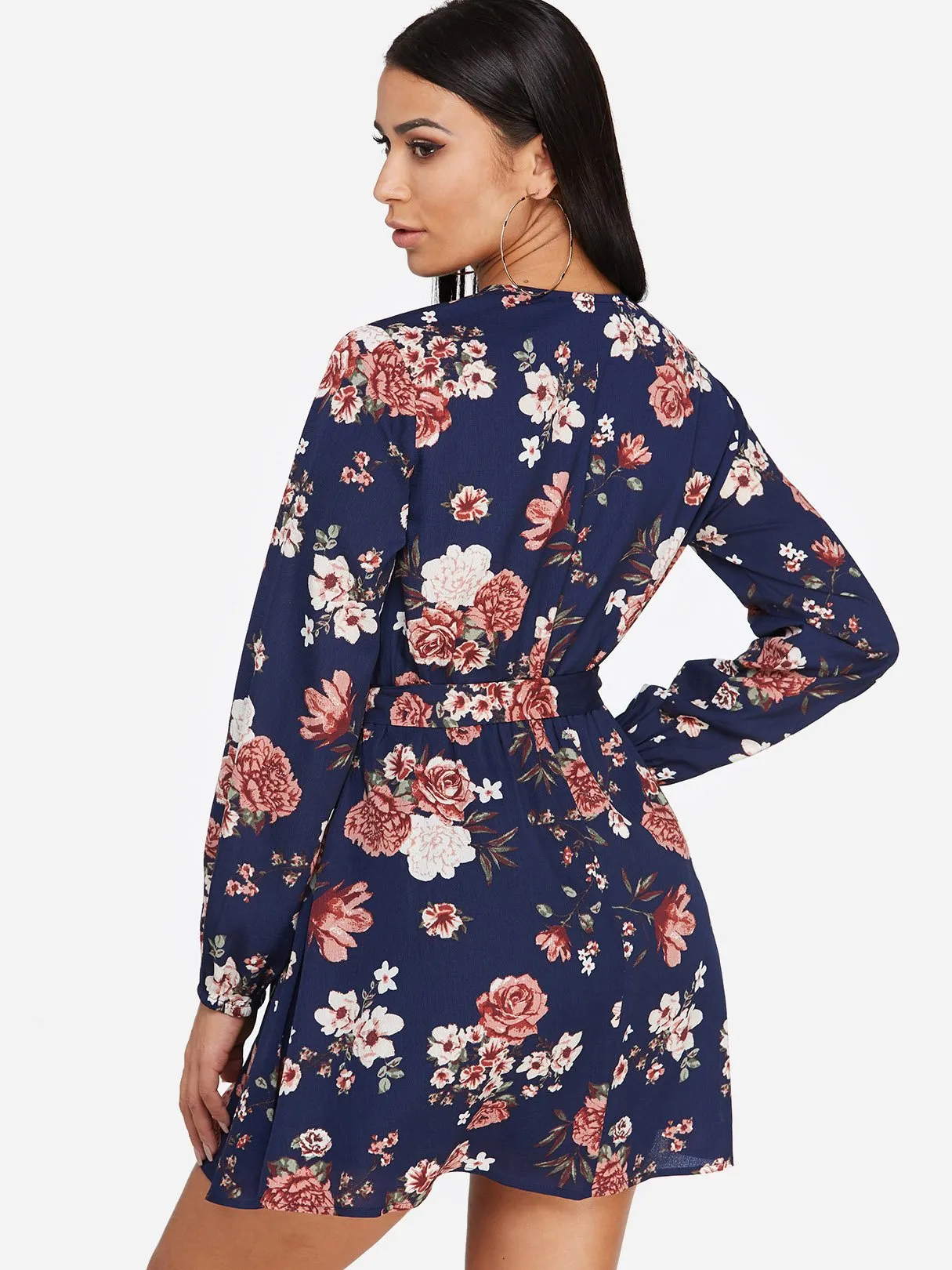 Wholesale Navy V-Neck Long Sleeve Floral Print Self-Tie Ruffle Hem Mini Dress