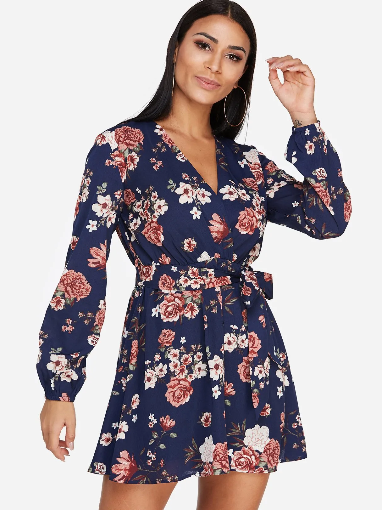 Wholesale Navy V-Neck Long Sleeve Floral Print Self-Tie Ruffle Hem Mini Dress