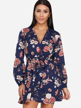 Wholesale Navy V-Neck Long Sleeve Floral Print Self-Tie Ruffle Hem Mini Dress