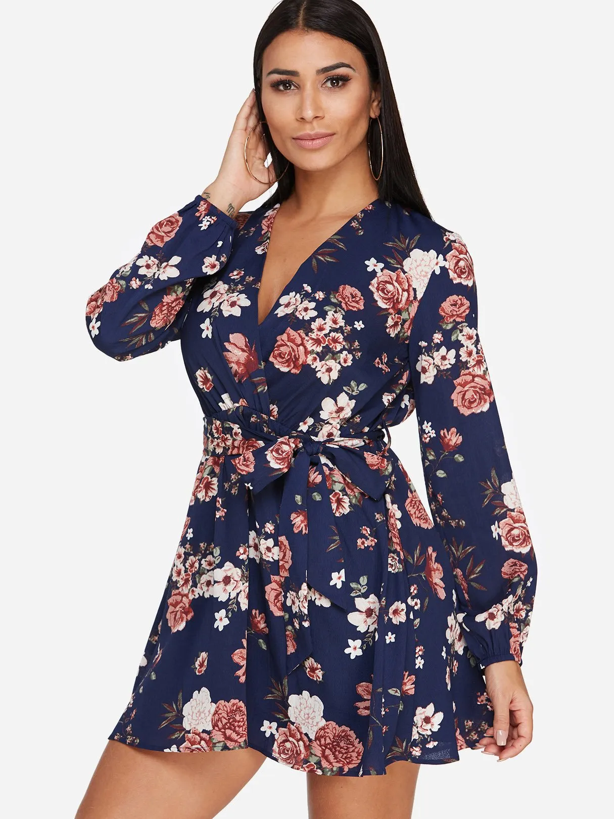 Wholesale Navy V-Neck Long Sleeve Floral Print Self-Tie Ruffle Hem Mini Dress