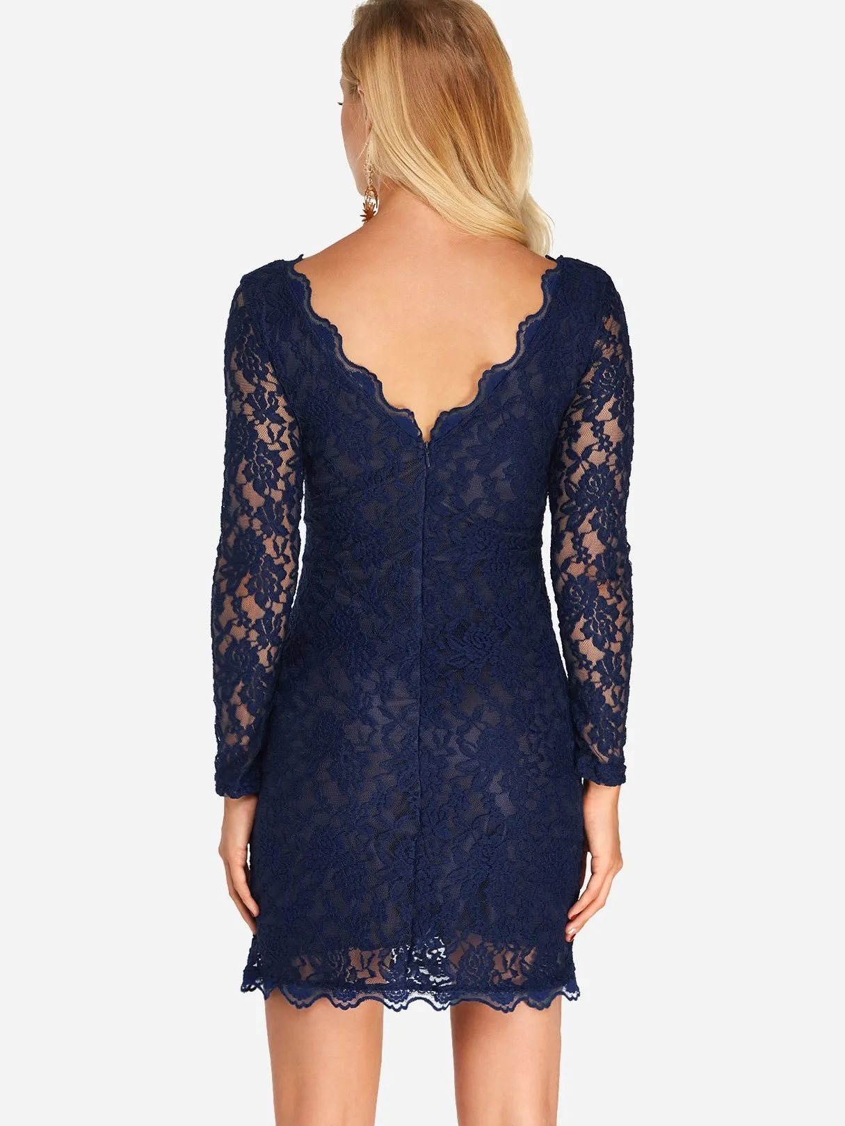 Wholesale Navy V-Neck Long Sleeve Plain Lace Backless Mini Dress