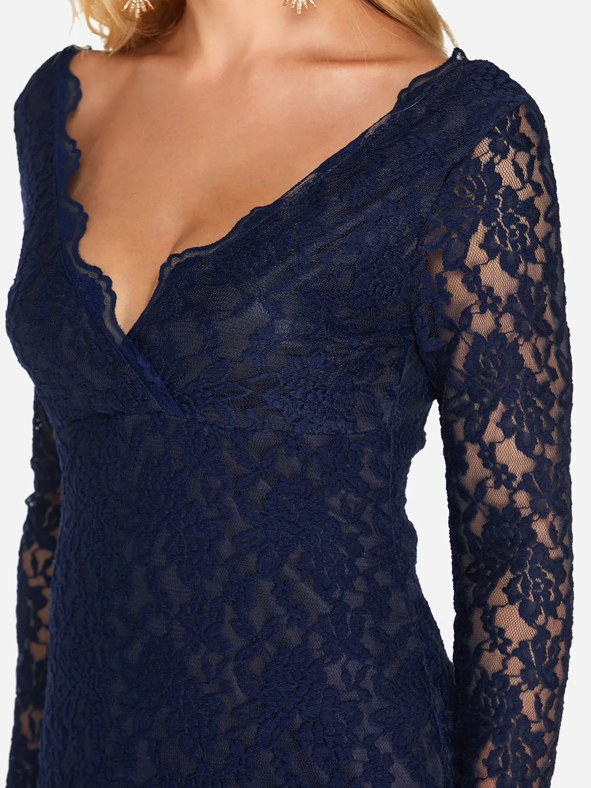 Wholesale Navy V-Neck Long Sleeve Plain Lace Backless Mini Dress