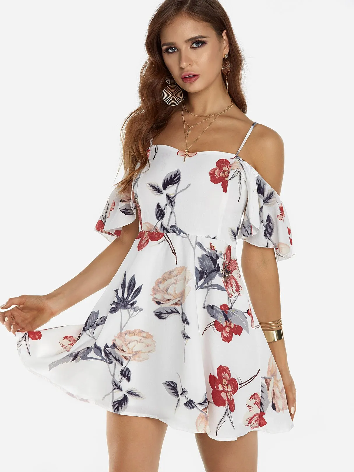 Wholesale Off The Shoulder Short Sleeve Floral Print Backless Spaghetti Strap Flounced Hem Mini Dress