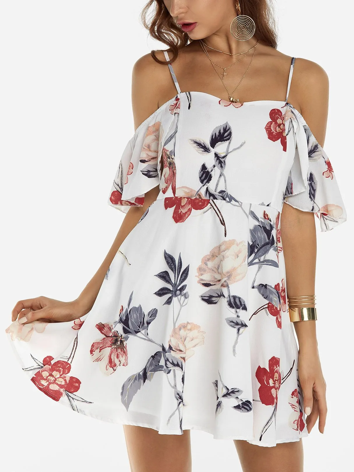 Wholesale Off The Shoulder Short Sleeve Floral Print Backless Spaghetti Strap Flounced Hem Mini Dress