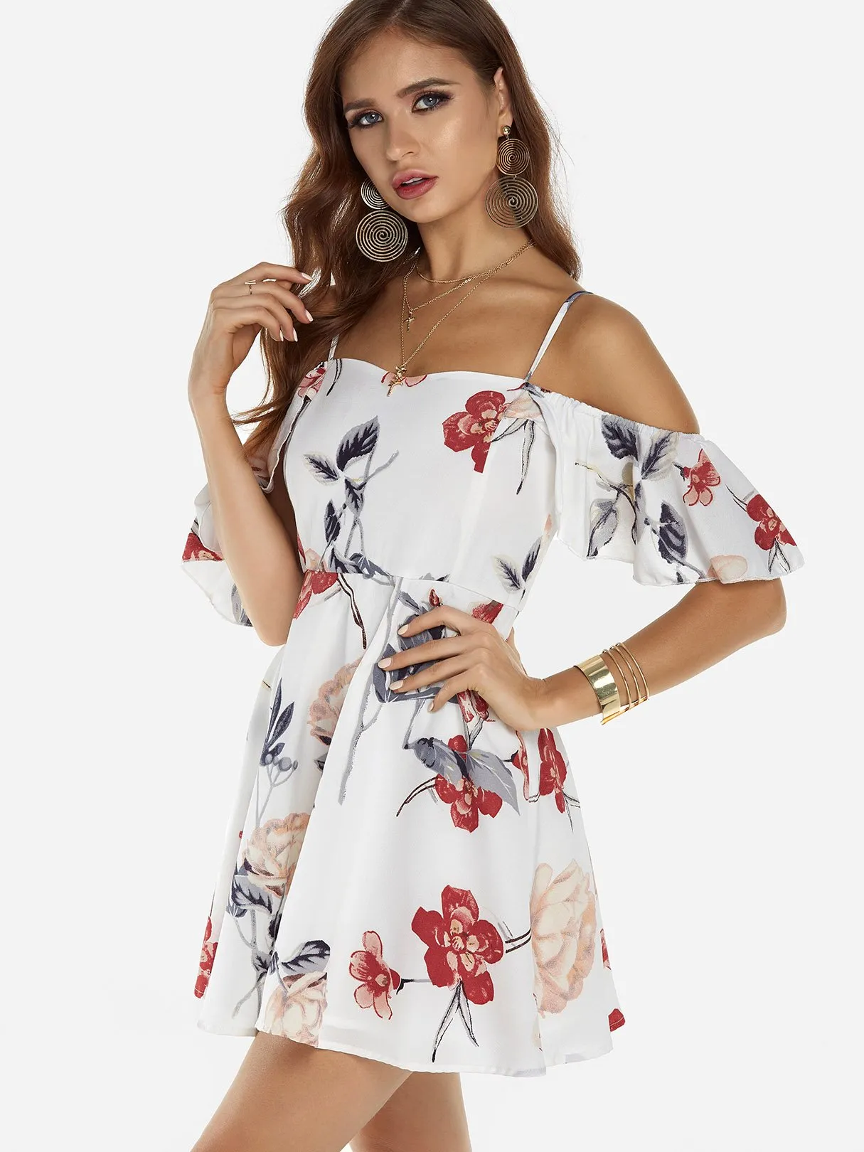 Wholesale Off The Shoulder Short Sleeve Floral Print Backless Spaghetti Strap Flounced Hem Mini Dress