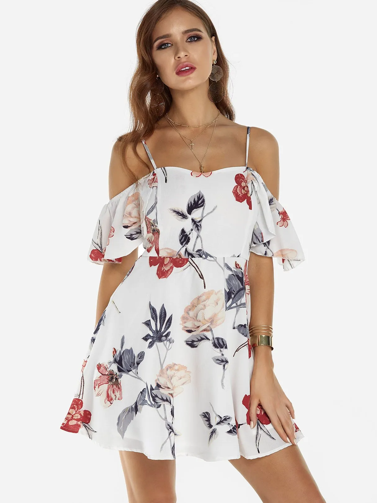 Wholesale Off The Shoulder Short Sleeve Floral Print Backless Spaghetti Strap Flounced Hem Mini Dress