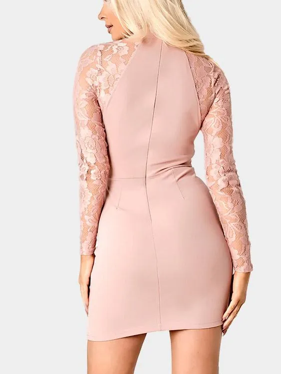 Wholesale Pink Crew Neck Long Sleeve Lace Zip Back Cut Out Mini Dresses