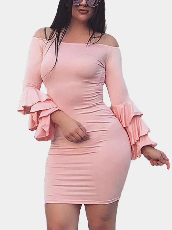 Wholesale Pink Off The Shoulder Long Sleeve Plain Bodycon Fashion Mini Dress