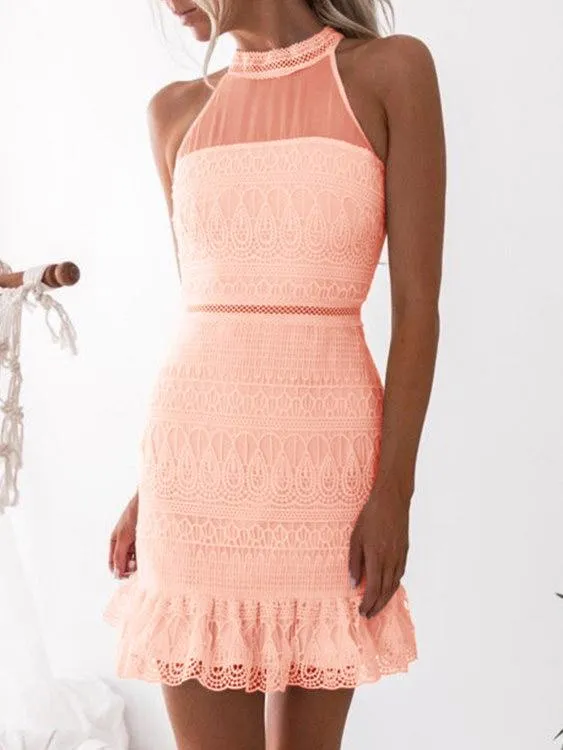 Wholesale Pink Round Neck Sleeveless Lace Zip Back Hollow See Through Flounced Hem Mini Dress