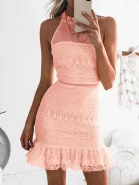 Wholesale Pink Round Neck Sleeveless Lace Zip Back Hollow See Through Flounced Hem Mini Dress