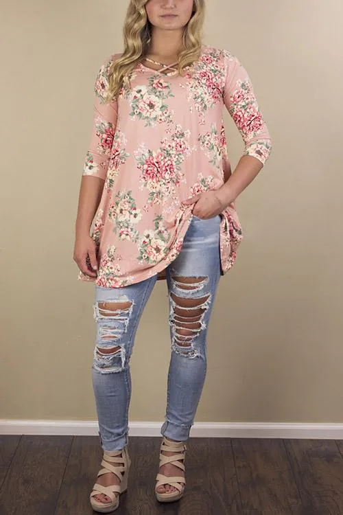 Wholesale Pink V-Neck 3/4 Sleeve Length Floral Print Crossed Front Mini Dress