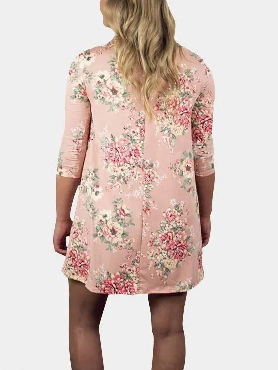 Wholesale Pink V-Neck 3/4 Sleeve Length Floral Print Crossed Front Mini Dress