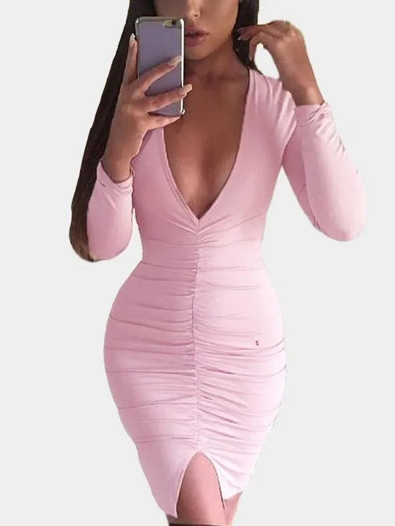 Wholesale Pink V-Neck Long Sleeve Pleated Slit Bodycon Mini Dress