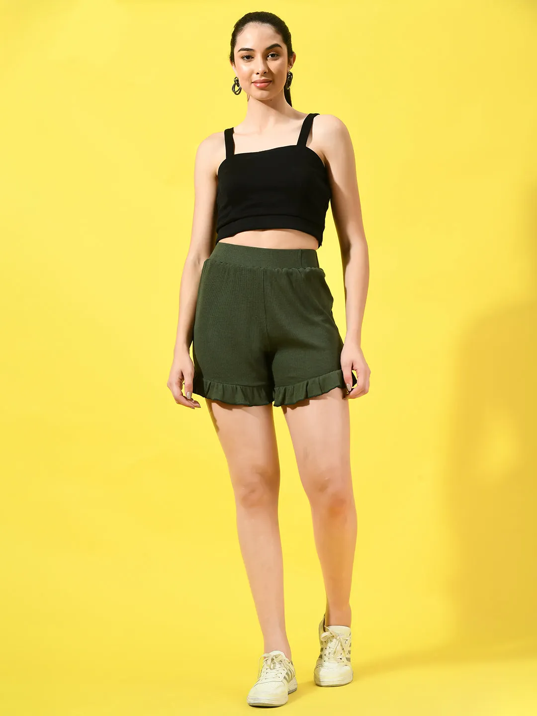 Women Mid-Rise Self Designed Cotton Shorts